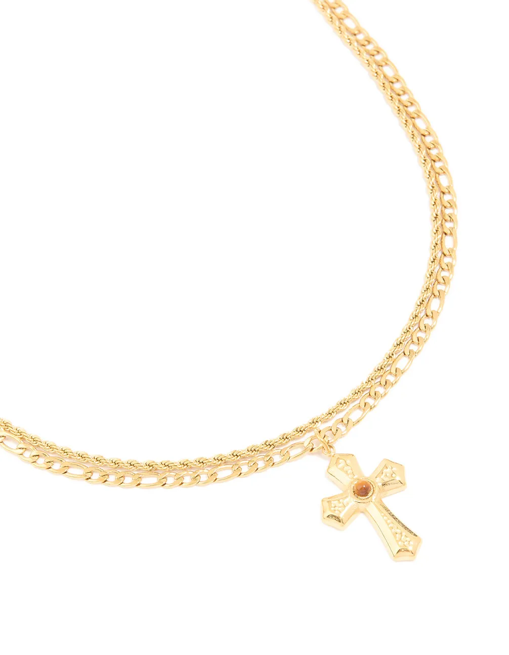 Waterproof Gold Plated Stainless Steel Tigers Eye Semi Precious Stone Cross Chain Layered Necklace sold by lovisa