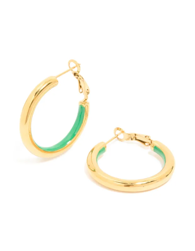 Waterproof Gold Plated Stainless Steel Half Green Enamel Hoop Earrings sold by lovisa