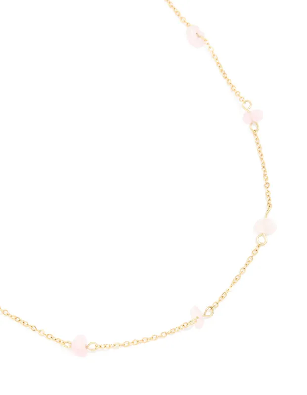 Waterproof Gold Plated Stainless Steel Rose Quartz Semi Precious Stone Chip Necklace sold by lovisa