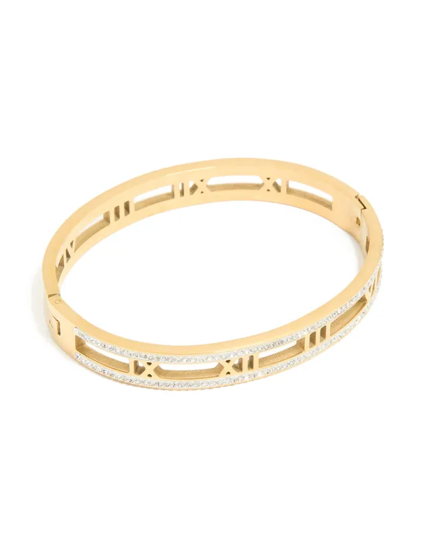 Waterproof Gold Plated Stainless Steel Diamante Roman Numeral Bangle sold by lovisa