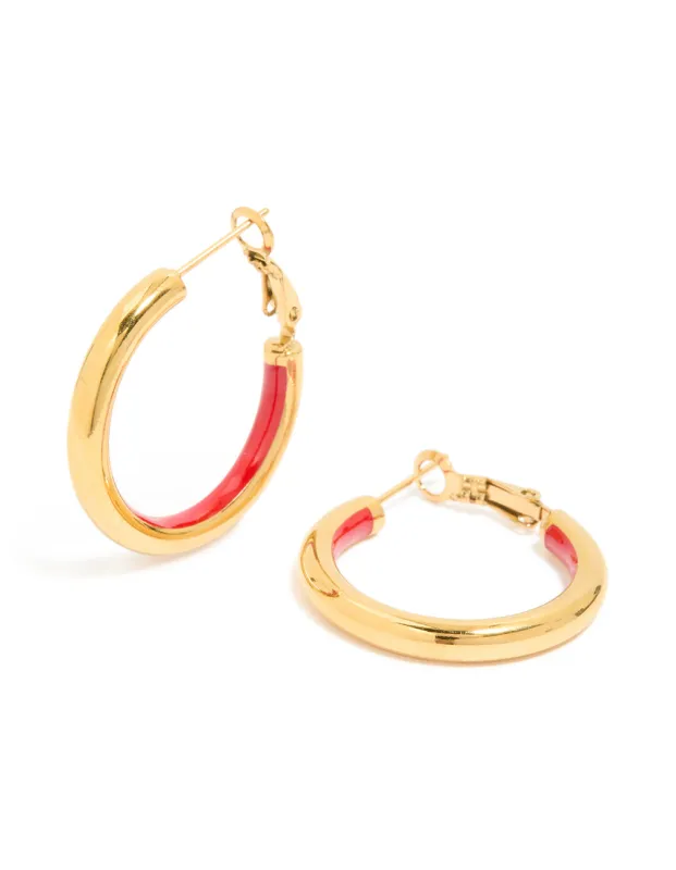 Waterproof Gold Plated Stainless Steel Half Red Enamel Hoop Earrings sold by lovisa
