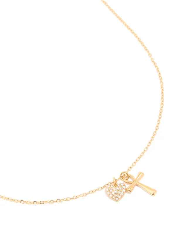 Waterproof Gold Plated Stainless Steel Cubic Zirconia Pave Cross & Heart Pendant Necklace sold by lovisa