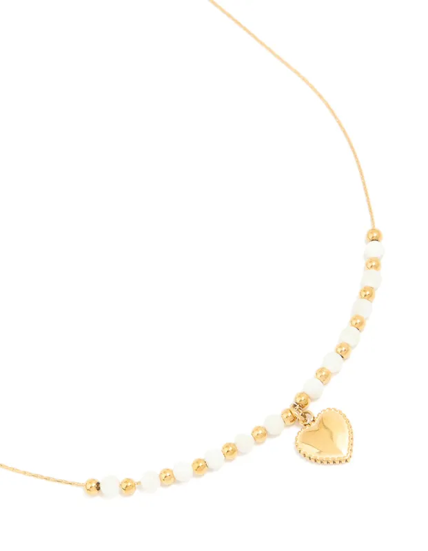Waterproof Gold Plated Stainless Steel White Beaded Heart Pendant Necklace sold by lovisa