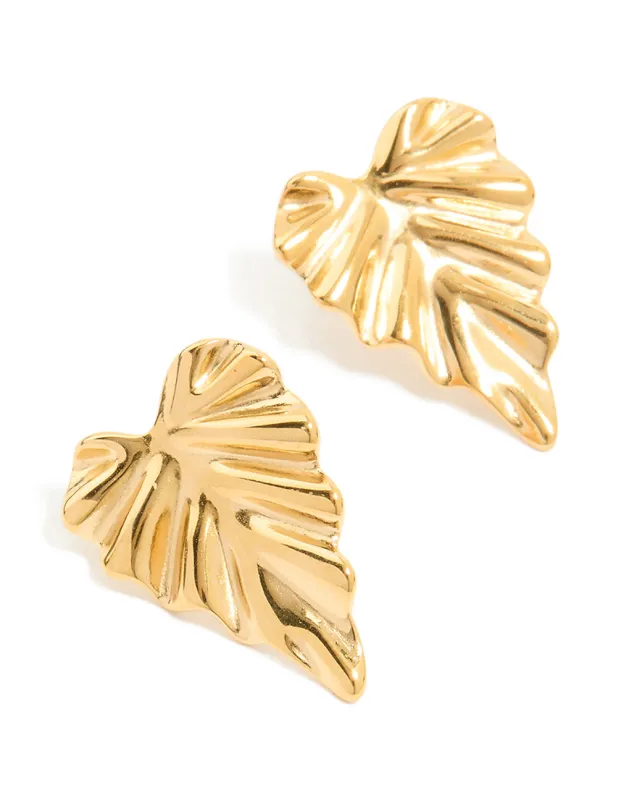 Waterproof Gold Plated Stainless Steel Palm Leaf Statement Stud Earrings sold by lovisa