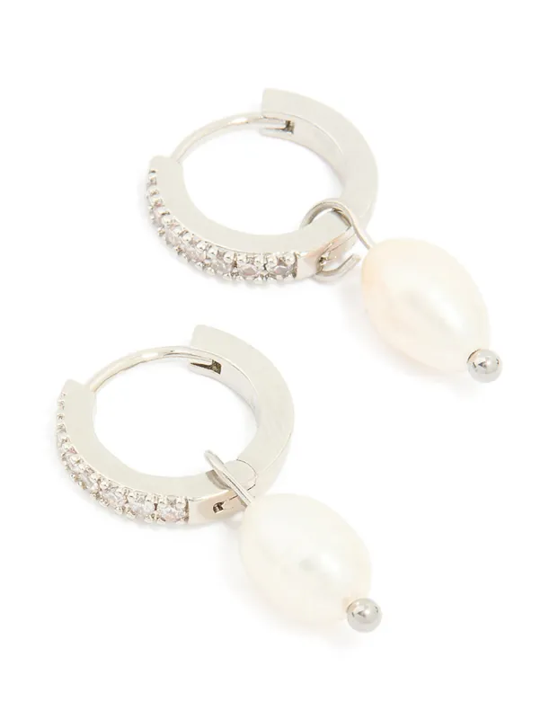 Waterproof Stainless Steel Diamante Freshwater Pearl Drop Huggie Earrings sold by lovisa