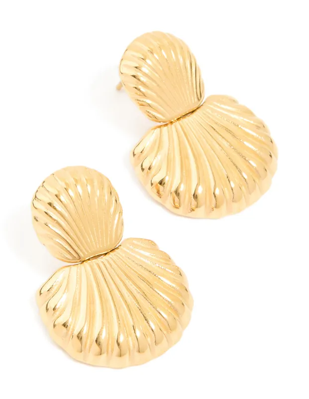 Waterproof Gold Plated Stainless Steel Double Shell Stud Drop Earrings made by lovisa