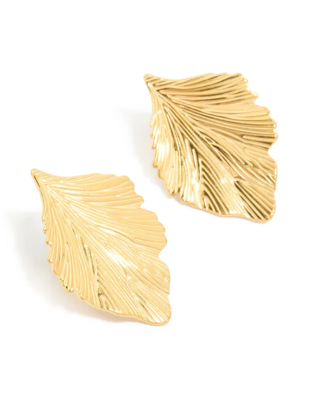 Waterproof Gold Plated Stainless Steel Textured Leaf Earrings sold by lovisa