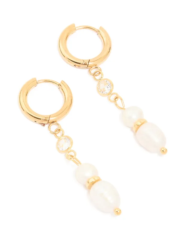 Waterproof Gold Plated Stainless Steel Diamante & Pearl Chain Huggie Earrings sold by lovisa