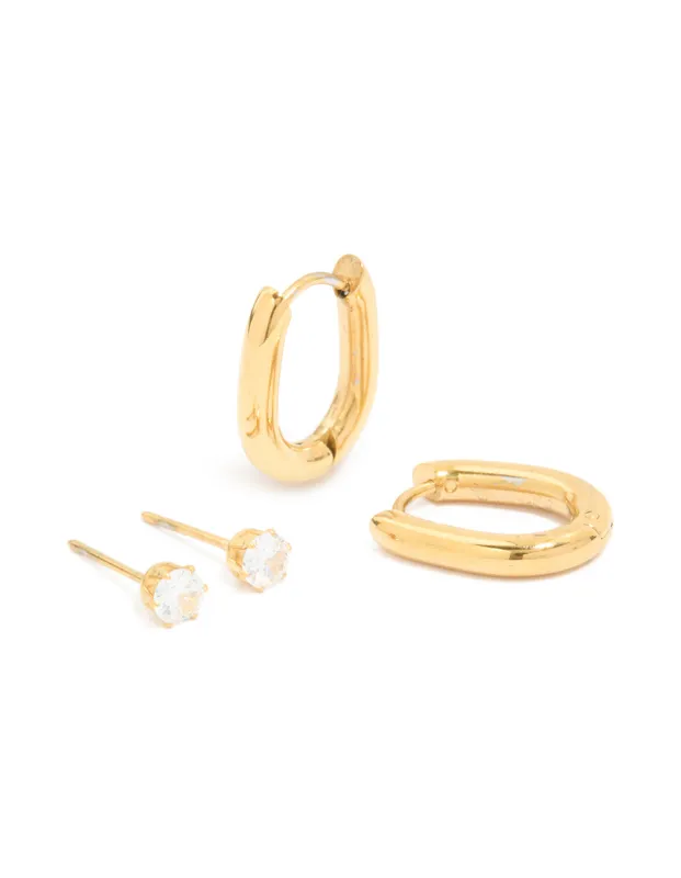 Waterproof Gold Plated Stainless Steel Rectangle Hoop Earrings & Cubic Zirconia Studs 2-Pack sold by lovisa