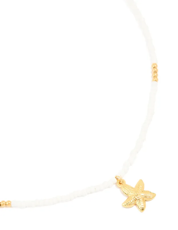Waterproof Gold Plated Stainless Steel White Beaded Starfish Necklace sold by lovisa