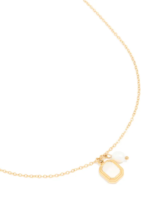 Waterproof Gold Plated Stainless Steel Pearl & Square Pendant Necklace Set sold by lovisa