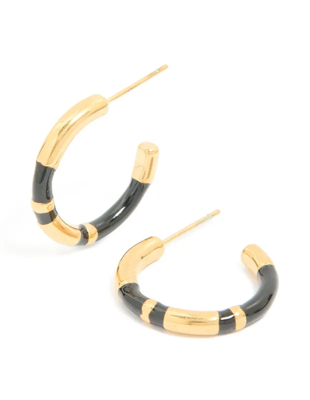 Waterproof Gold Plated Stainless Steel Small Black Enamel Stripe Hoop Earrings sold by lovisa