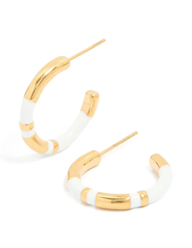 Waterproof Gold Plated Stainless Steel Small Stripe White Enamel Hoop Earrings sold by lovisa