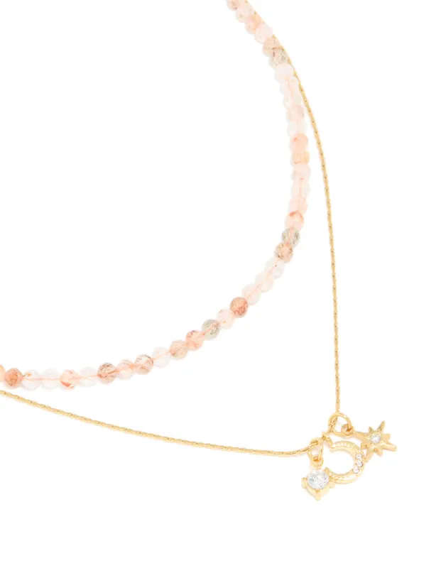 Waterproof Gold Plated Stainless Steel Rose Quartz Semi Precious Stone & Celestial Layered Necklace sold by lovisa