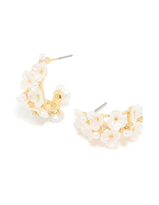 Gold White Acrylic Flowers Hoop Earrings sold by lovisa