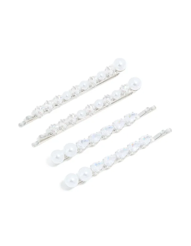 Silver Plated Cubic Zirconia & Pearl Hair Clips 4-Pack sold by lovisa