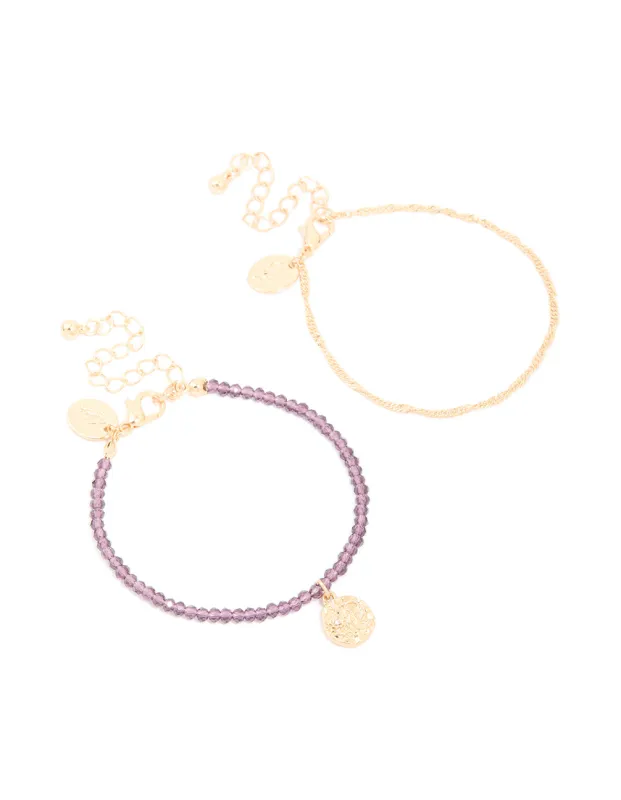 Gold Purple Beaded & Layered Chain Bracelets 2-Pack sold by lovisa