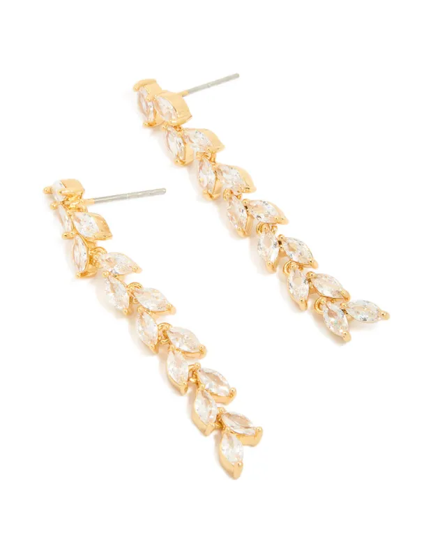 Gold Plated Cubic Zirconia Leaf Detail Drop Earrings sold by lovisa