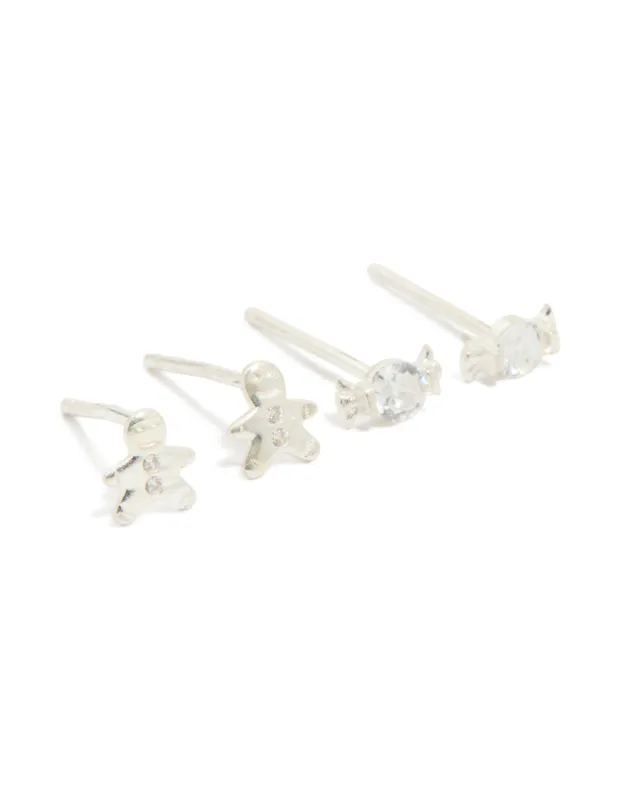 Sterling Silver Cubic Zirconia Xmas Gingerbread Man & Candy Stud Earrings 2-Pack sold by lovisa