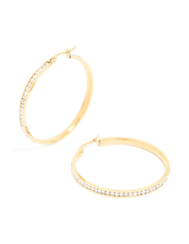 Waterproof Gold Plated Stainless Steel Diamante Hoop Earrings 45 MM sold by lovisa