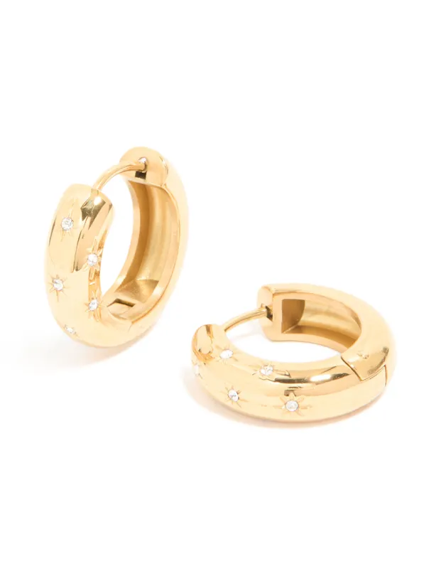 Waterproof Gold Plated Stainless Steel Diamante Star Huggie Earrings sold by lovisa