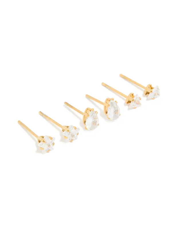 Waterproof Gold Plated Stainless Steel Cubic Zirconia Mixed Cut Stud Earrings 3-Pack sold by lovisa