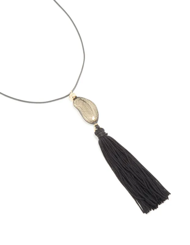 Gold Pebble Black Tassel Cord Necklace sold by lovisa