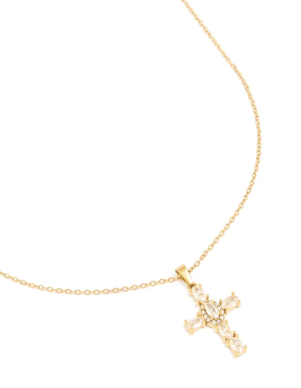 Waterproof Gold Plated Stainless SteeL Cubic Zirconia Statement Cross Necklace sold by lovisa