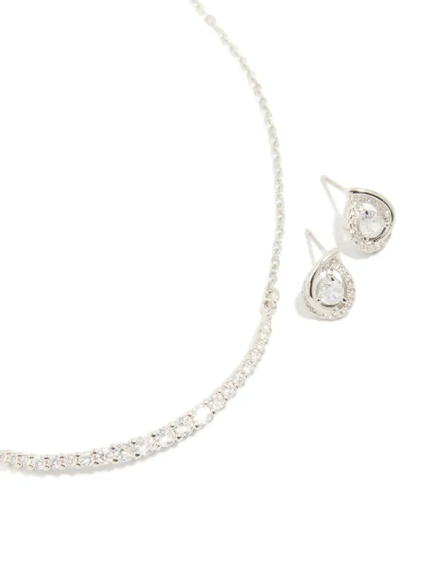 Silver Cubic Zirconia Pear Knot Earrings & Tennis Necklace Set sold by lovisa