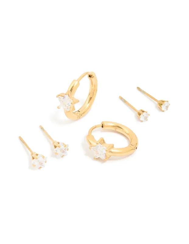 Waterproof Gold Plated Stainless Steel Cubic Zirconia Huggie & Stud Earrings 3-Pack sold by lovisa
