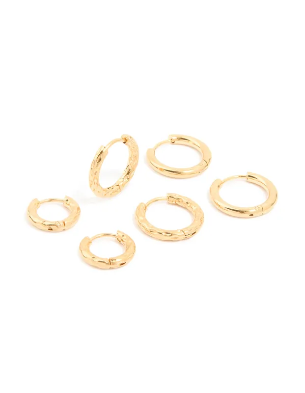 Waterproof Gold Plated Stainless Steel Mixed Detail Huggie Earrings 3-Pack sold by lovisa