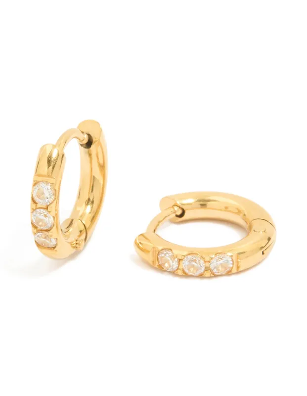 Waterproof Gold Plated Stainless Steel Prism Cubic Zirconia Huggie Earrings sold by lovisa