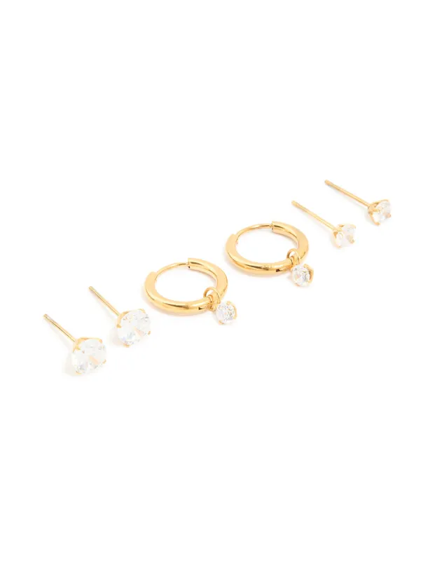 Waterproof Gold Plated Stainless Steel Cubic Zirconia Huggie & Stud Earrings 3-Pack sold by lovisa