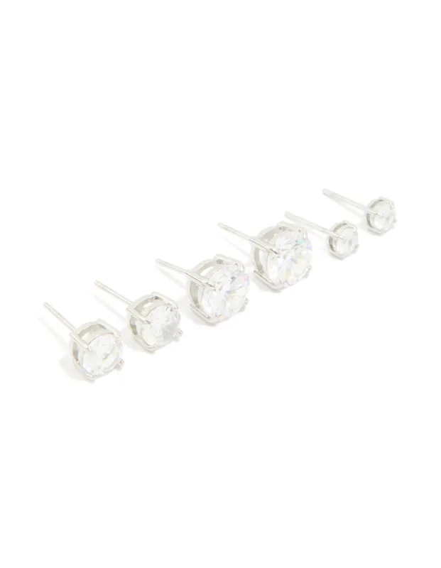 Silver Cubic Zirconia Multi-Sized Stud Earrings 3-Pack sold by lovisa