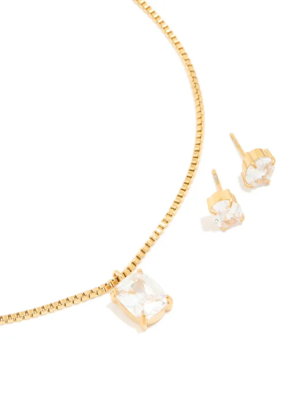 Gold Cubic Zirconia Pendant Necklace & Stud Earrings Set made by lovisa