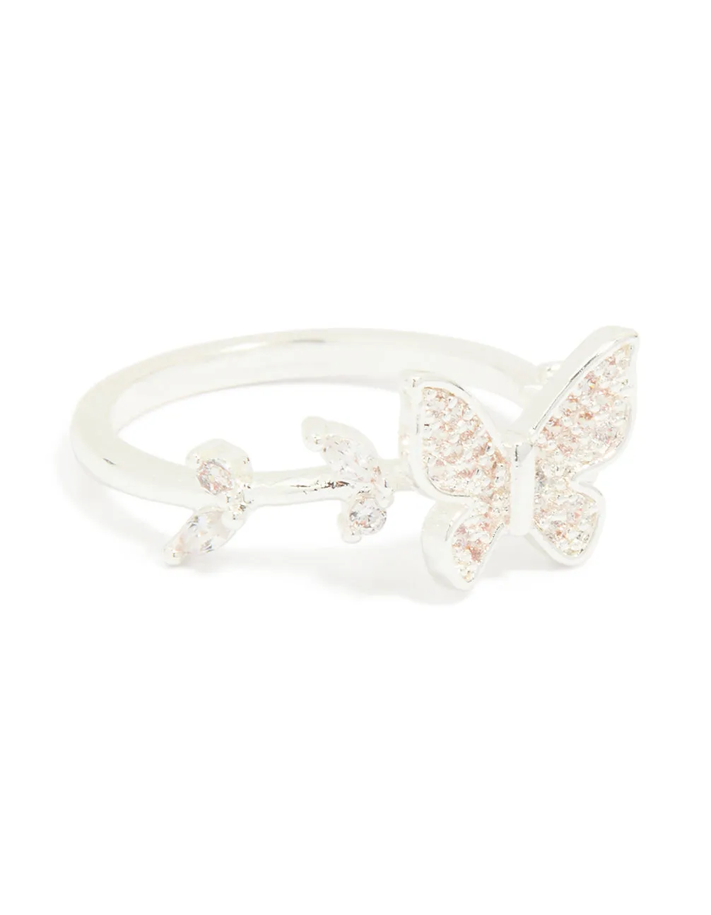 Silver Plated Cubic Zirconia Dainty Butterfly & Leaf Ring sold by lovisa