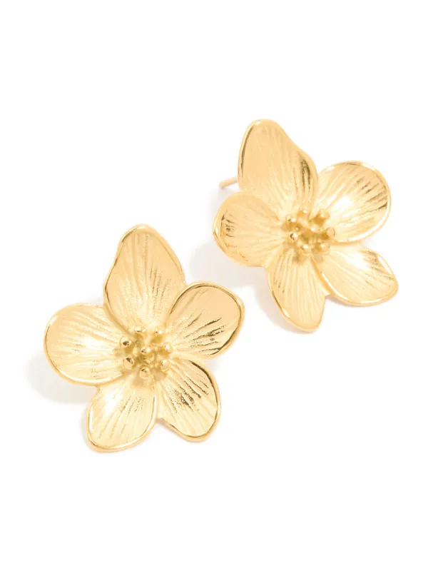 Waterproof Gold Plated Stainless Steel Textured Flower Earrings sold by lovisa