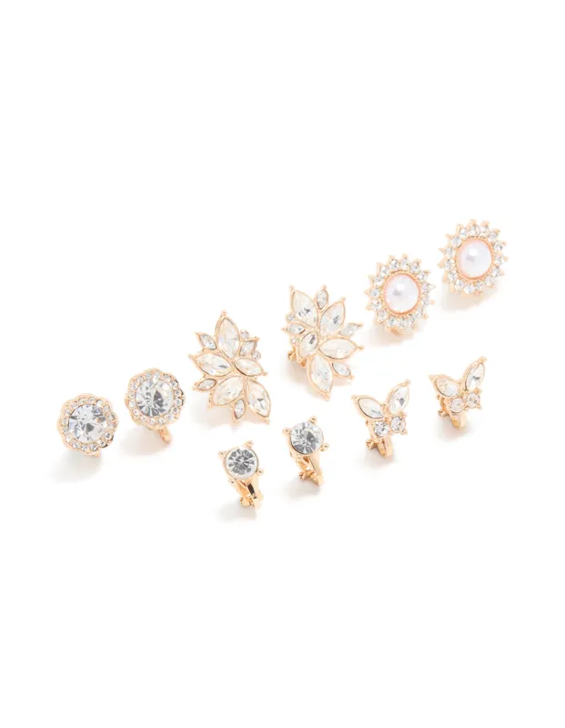 Gold Pearl & Diamante Butterfly Clip On Earrings 5-Pack sold by lovisa