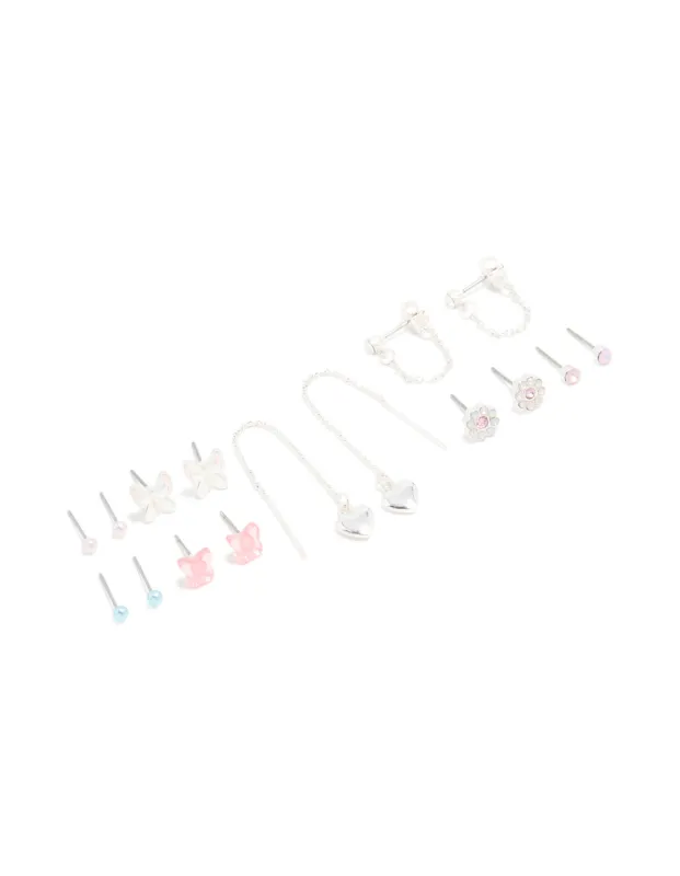 Silver Diamante & Butterfly Stud aEarrings 8-Pack sold by lovisa