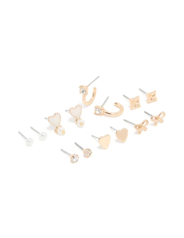 Gold Pearl & Heart Stud Earrings 7-Pack sold by lovisa