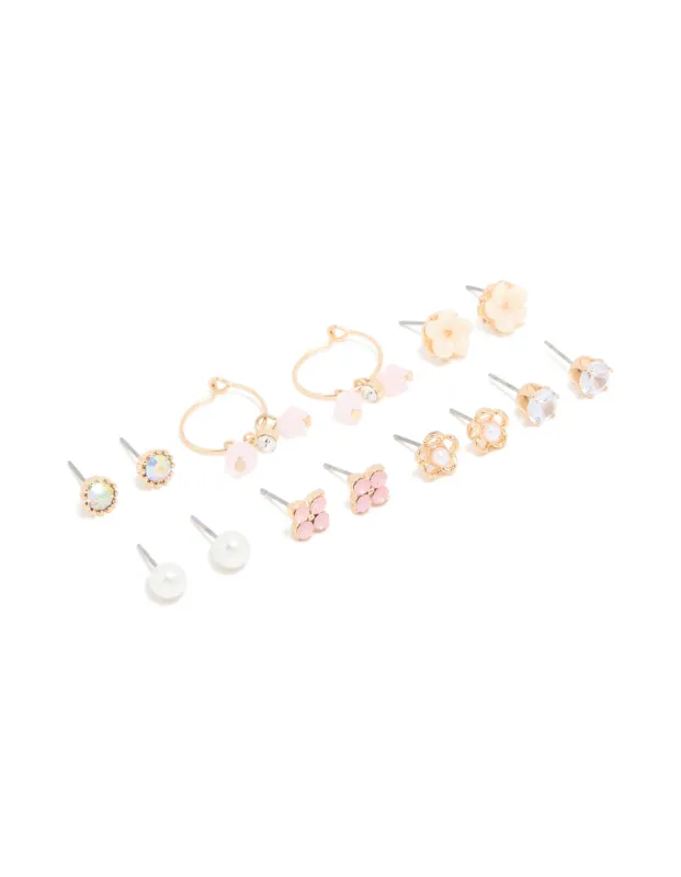 Gold Pearl & Floral Stud Earrings 7-Pack sold by lovisa