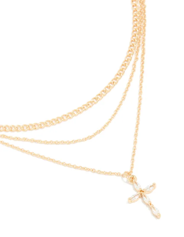 Gold Cubic Zirconia Cross & Chain Layered Necklace sold by lovisa