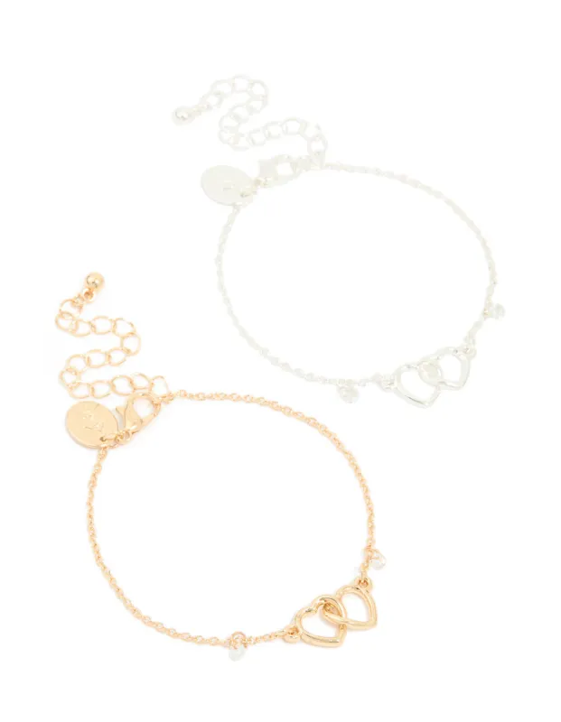 Mixed Metals Open Linked Hearts Cubic Zirconia Bracelets 2-Pack sold by lovisa