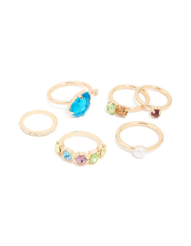 Gold Multicoloured Diamante & Pearl Rings 6-Pack sold by lovisa