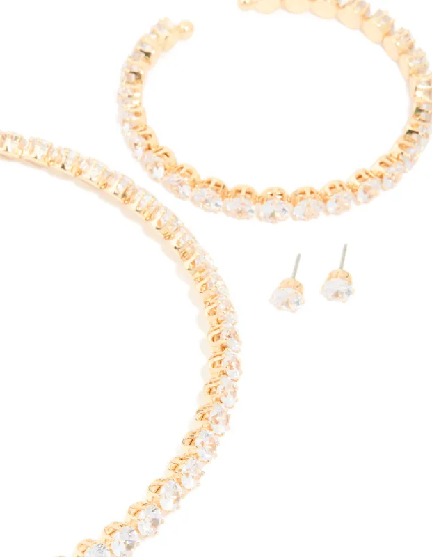 Gold Cubic Zirconia Tennis Necklace, Tennis Bracelet & Earrings Set sold by lovisa