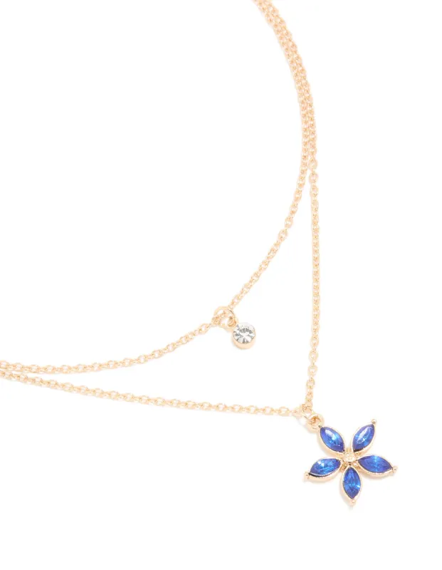 Gold Clear & Blue Diamante Flower Layered Necklace sold by lovisa