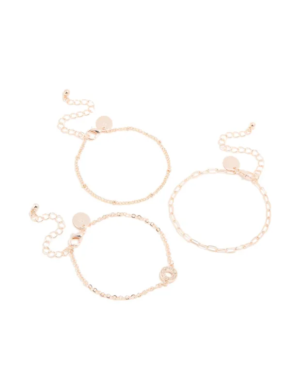 Rose Gold Diamante Circle & Chain Bracelets 3-Pack sold by lovisa