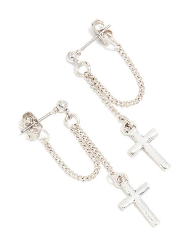 Antique Silver Chain Cross Drop Earrings sold by lovisa