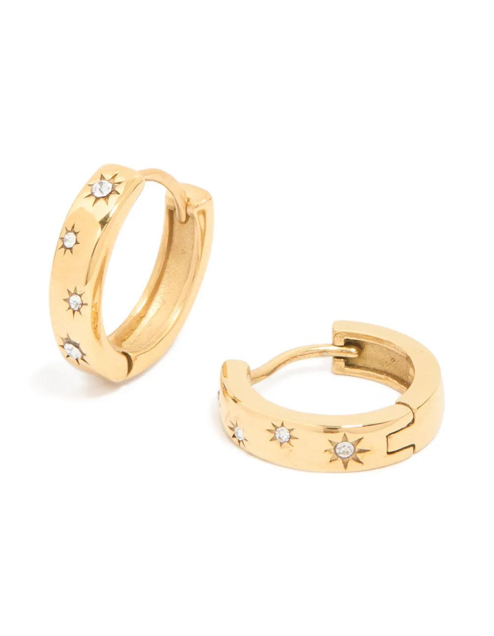 Waterproof Gold Plated Stainless Steel Diamante Star Clicker Hoop Earrings sold by lovisa
