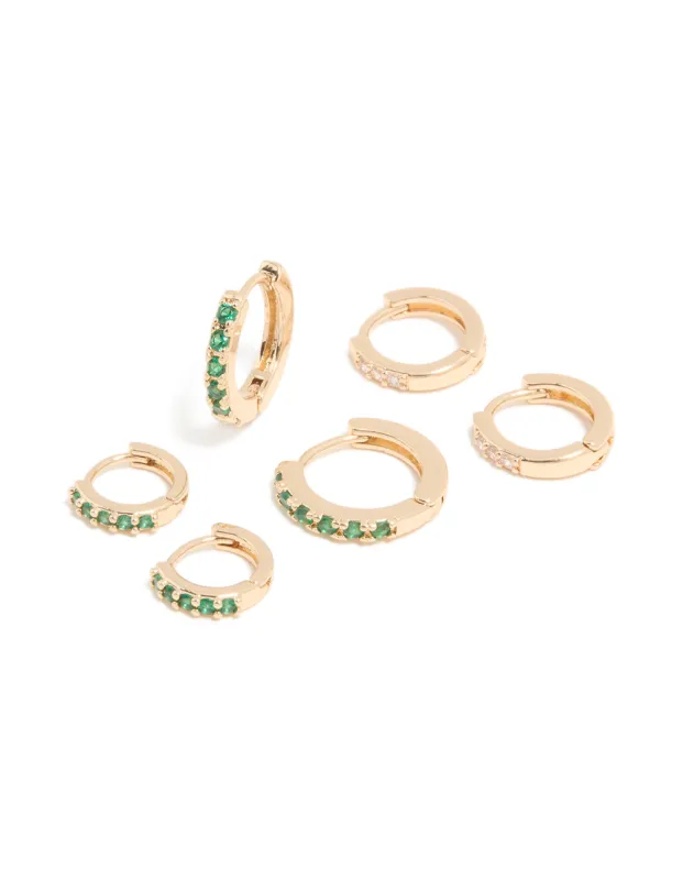 Gold Emerald & Clear Cubic Zirconia Huggie Earrings 3-Pack sold by lovisa